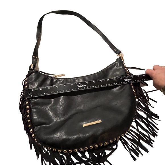 Kensie Handbags - KENSIE large black vegan leather fringe bag with gold studs New